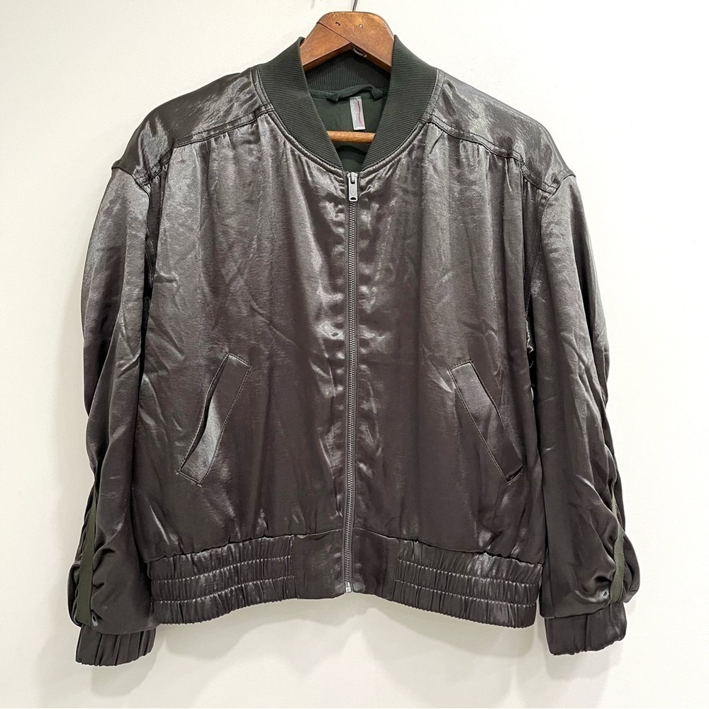 Free People Movement Relay Zip Up Satin Bomber Jacket Olive Green NWOT